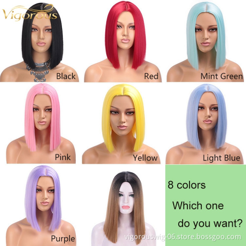 Vigorous 14 inch Short Straight Bob Hair Synthetic Wigs For Women 2 Tone Ombre Brown Color Wigs Middle Part Glueless Cosplay Wig